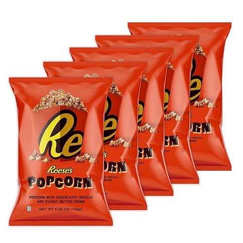Reese's Popcorn, 5.25oz Grocery Sized Bag, Popcorn Coated in Chocolatey Drizzle and Peanut Butter Crème, Halloween Snacks for Kids, Ready to Eat, Savory Snack, Sweet and Salty Snacks (Pack of 5) - 5.25 Ounce (Pack of 5)
