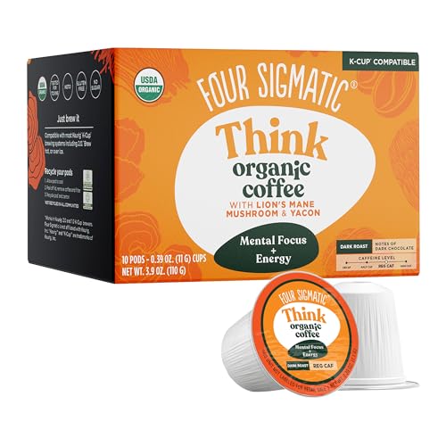 Four Sigmatic Mushroom Coffee K-Cups | Organic and Fair Trade Dark Roast Coffee with Lion’s Mane Mushroom Powder & Yacon | Focus & Immune Support | Vegan & Keto | Sustainable Pods | 10 Count - Think Original - 10 Count (Pack of 1)