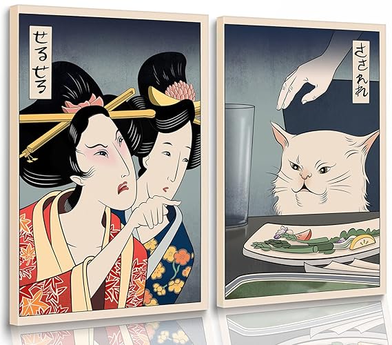 2 Pieces Fun Cute Canvas Paintings Japanese Women Yell at Cats Eat Food Posters and Prints Vintage Wall Art meme poster Pictures Dining Room Wall Decoration Living Room Kitchen Hallway Unframed 16x24 inches… - Angry women and cats Unframed - 16”x24”x2