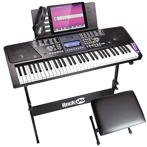 RockJam 61 Key Keyboard Piano With LCD Display Kit, Stand, Bench, Headphones, Simply App & Keynote Stickers - Keyboard Piano Kit