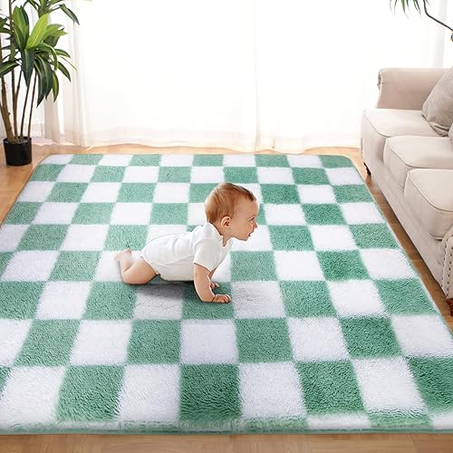 Super Soft Rug for Bedroom, 5x7 ft Sage Green and White Area Rug Classic Checkered Shaggy Rug Anti-Skid High Pile Soft Fluffy Rug Fuzzy Carpet for Living Room Bedroom Kids Room Nursery, Dorm - Sage Green and White - 5x7Feet