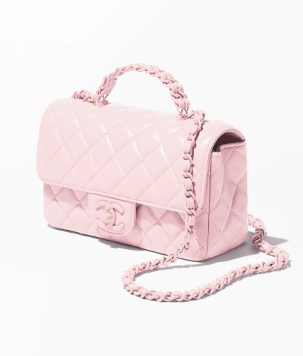 Mini flap bag with top handle,  Lambskin & lacquered metal, light pink — Fashion | CHANEL