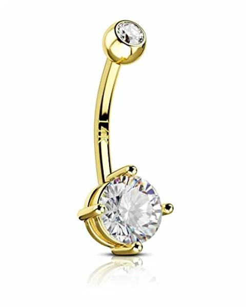 COCHARM 14K Gold Belly Button Rings for Women 14K Yellow Gold Belly Rings Round CZ Real Gold Belly Navel Piercing Jewelry