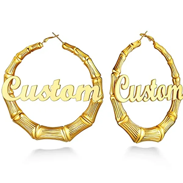 Custom4U Hoop Earrings with Name Inside Personalized Gold/White/Black Bamboo/Fashion Earrings - 30mm/40mm/60mm/80mm - Custom Made Hip Hop Unique Memorial Jewelry Christmas Gifts for Women