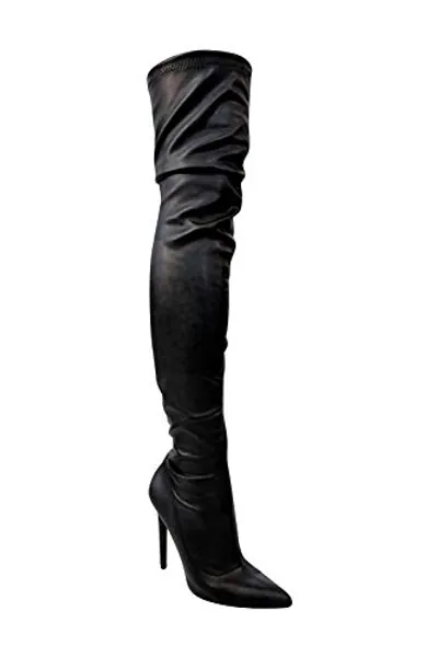 Liliana Women Faux Leather Pointy Toe Thigh High Single Sole Stiletto Boot