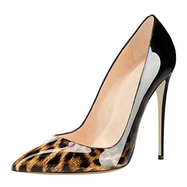 COLETER Pointy Toe Pumps for Women,Patent Gradient Animal Print High Heels Usual Dress Shoes Black Leopard 12cm BLK-Leo 8.5 US