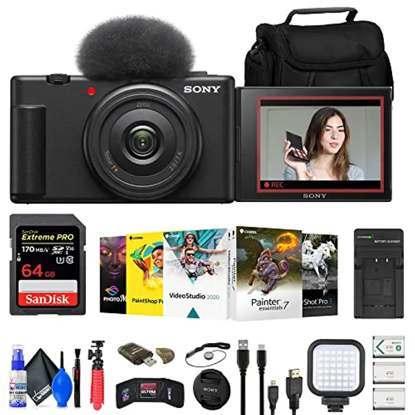 Sony ZV-1F Vlogging Camera (Black) (ZV1FB) + Case + 64GB Card + 2 x NP-BX1 Battery + Card Reader + Corel Photo Software + LED Light + Charger + Flex Tripod + Memory Wallet + More (Renewed)