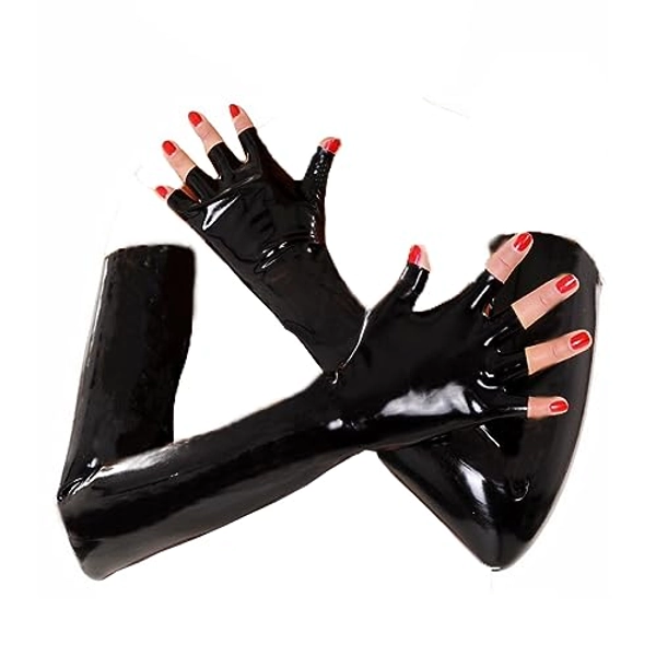 EXLATEX Latex Gloves Fingerless Long Gloves Mittens Club Fashion Outfits Accessory Female Gloves, Black, Small