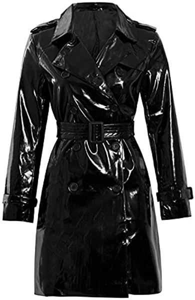HiFacon Womens PVC Coat Fashion Outdoor Wet Look Clothing Trench Coat Raincoat Black Pu Leather