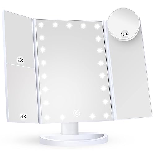 HUONUL Makeup Mirror Vanity Mirror with Lights, 2X 3X 10X Magnification, Lighted Makeup Mirror, Touch Control, Trifold Makeup Mirror, Dual Power Supply, Portable LED Makeup Mirror, Women Gift (White) - White
