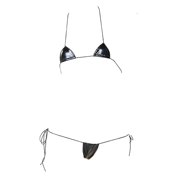 JasmyGirls Leather Micro Bikini Extreme Anime Lingerie Sexy Cosplay Outfit Japanese Bra Panty Set Two Piece Thong Swimsuit - X-Small - X-Large - Black