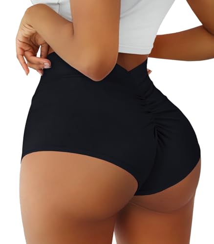 Boudaner Women's High Waist Yoga Shorts V Back Scrunch Gym Workout Spandex Dance Hot Pants Lifting Bottoms - Large - Black