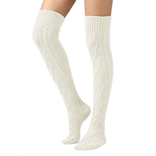 SherryDC Women's Cable Knit Thigh High Boot Socks Extra Long Winter Stockings Leg Warmers - One Size - 1 - White
