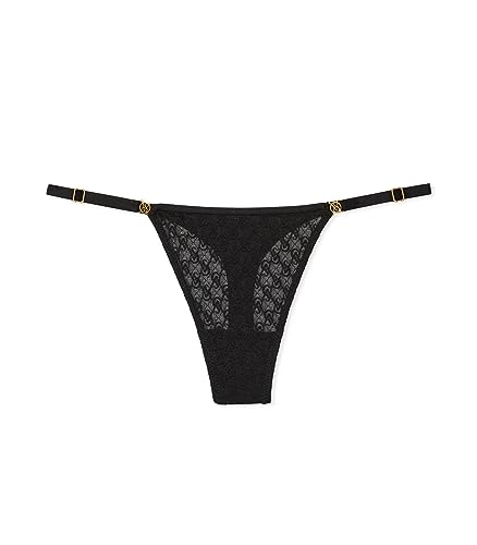 Victoria's Secret Icon Thong Panty, VS Monogram Panty, Adjustable Strap, G String Underwear, Very Sexy Collection (XS-XXL) - Small - Black