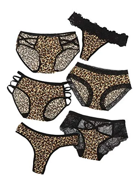 MakeMeChic Women's Sexy 6packs Leopard Print Contrast Lace Cut Out Panty Set