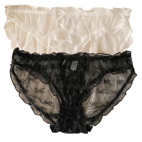 Women’s Underwear Cotton Panties Plus Size Lace Ruffled Bow Knot Criss Cross Cute Kawaii Japanese Underwear 2 Pack