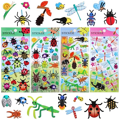 Puffy Insect Stickers for Kids Toddlers,3D Foam Bug Stickers with Ladybug Butterfly Praying Mantis Caterpilla Dragonfly Stickers and Small Worm Stickers for Arts and Crafts,4 Pack. - Insect