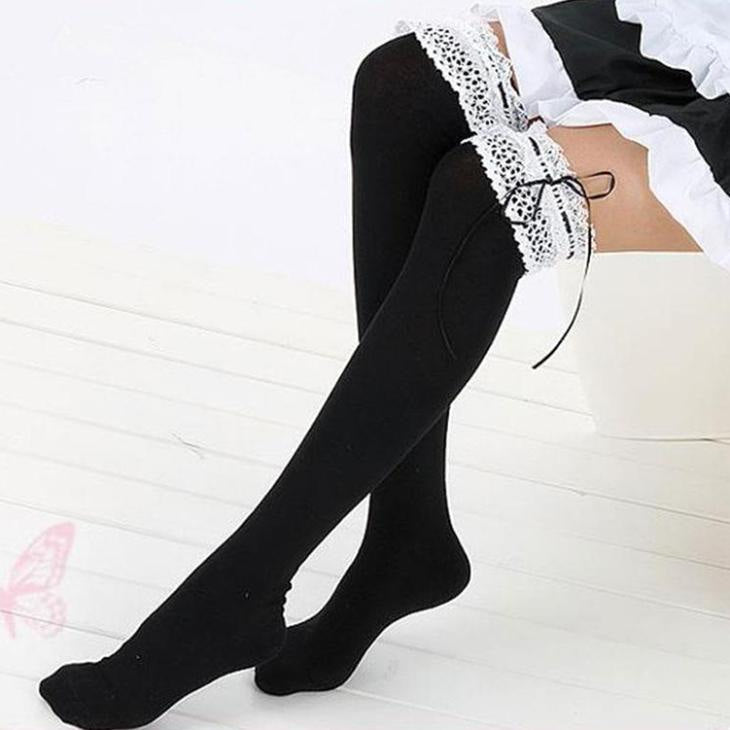 Garter Thigh High Socks - Black and White