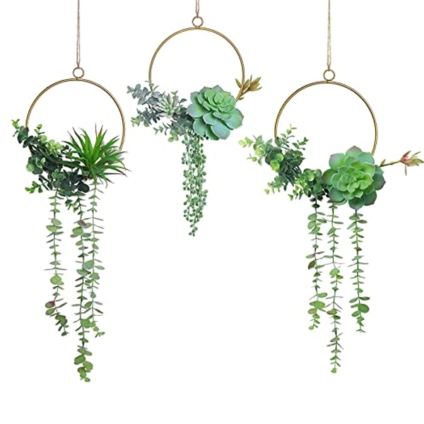 SWTHONY Artificial Succulents Wreath Set of 3 Hanging Gold Geometric Garland Greenery Wreath Wall Decor for Wedding Party Nursery Backdrop