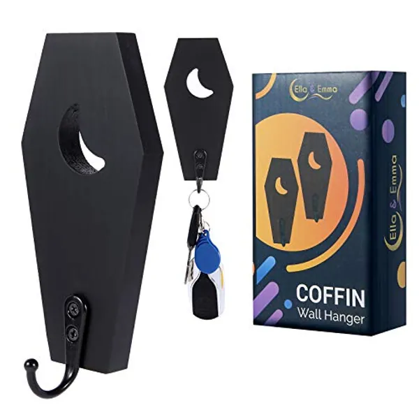 Ella & Emma Wall Mounted Coffin-Shaped Key Holder - Gothic Home Decor Wall Hanger with Hook - Wall Coffin Key Holder with Crescent Moon Cutout - Gothic & Spooky Halloween Decor for Home - 2 Pieces