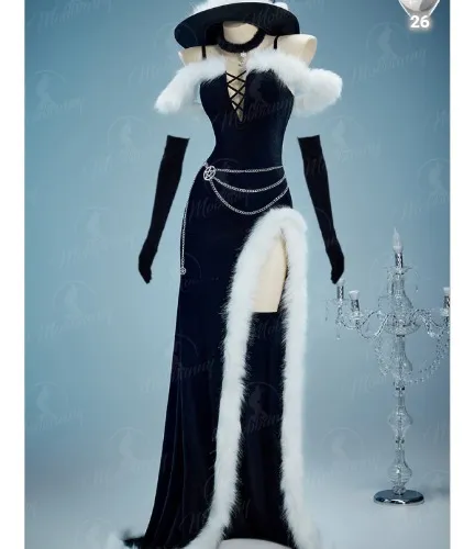 Yor Derivative Christmas Gothic Black Dress Set Dark Witch Style Furry Dress with Hat Gloves