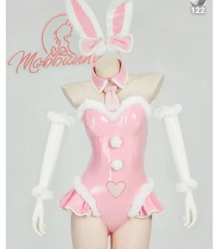 Vocal Derivative Sexy Lingerie Pink Bunny Girl Set Christmas Furry Heart Cutout Bodysuit with Bunny Ears Headaband and Tail