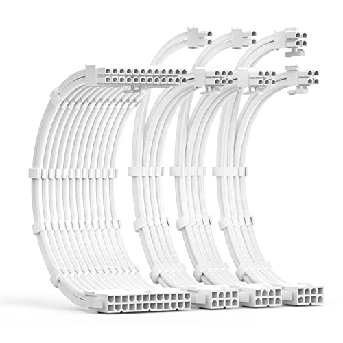 ABNO1 PSU Cable Extension Kit 30CM Length with Cable Combs 1x24Pin/1x8Pin(4+4) EPS/2x8Pin(6P+2P) PCI-E/PC Sleeved Cable for ATX Power Supply(White) - White