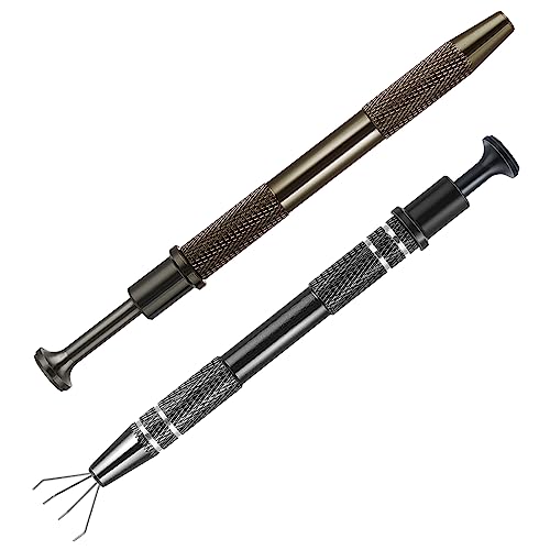 Grevosea 2 Pack Piercing Ball Grabber Tool, Stainless Steel Jewelry Pick Up Tool 4 Prongs Grabber for Tiny Objects IC Chip Electronic Components Nails Clamping Small Parts Holder (Black+Brown) - Black+brown