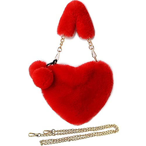 Rejolly Furry Purse for Girls Heart Shaped Fluffy Faux Fur Handbag for Women Soft Small Shoulder Bag Clutch Purse - Red