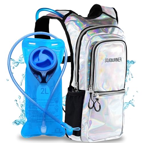 Sojourner Hydration Pack, Hydration Backpack - Water Backpack with 2l Hydration Bladder, Festival Essential - Rave Hydration Pack Hydropack Hydro for Hiking, Running, Biking, Festival Gear - Holographic - Silver