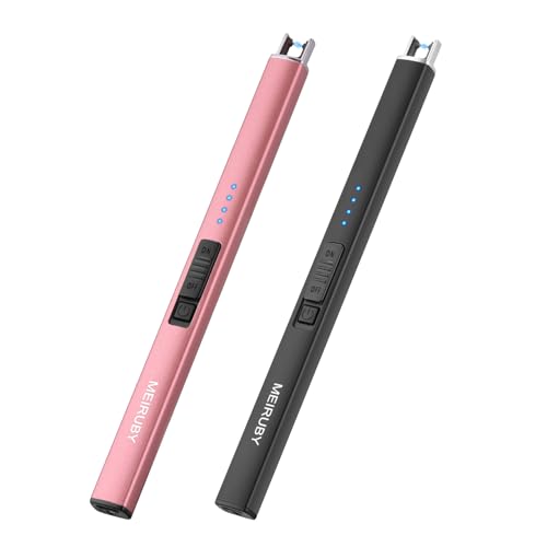 MEIRUBY 2 Pack Lighter Electric Candle Lighter Long Electronic Rechargeable USB Lighter Arc Windproof Flameless Lighters for Candle Camping BBQ Birthday Gifts for Women Mom Wife Men - Black / Rose Gold