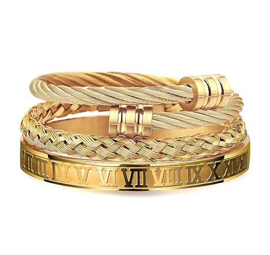WFYOU 3PCS Stainless Steel Bracelets for Men Gold Roman Numeral Bangle Bracelet Twisted Cable Bracelet Adjustable Cuff Bracelet Mens Luxury Jewelry Bracelets Gifts - A:Gold-Round