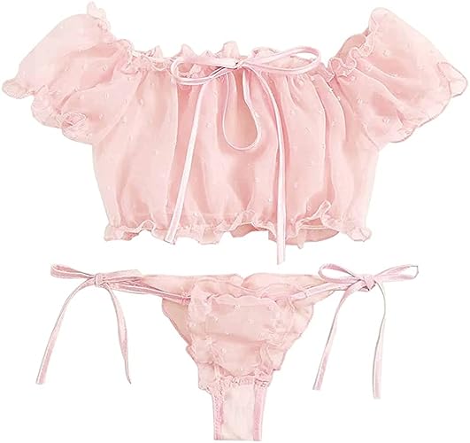 VicSec Women Sexy Babydoll Lingerie Set, Cute Transparent Bra and Panties Set, Adjustable Bowknot Strappy Teddy Underwear Naughty Sleepwear Nighties for Valentines Gift - One Size - Pink