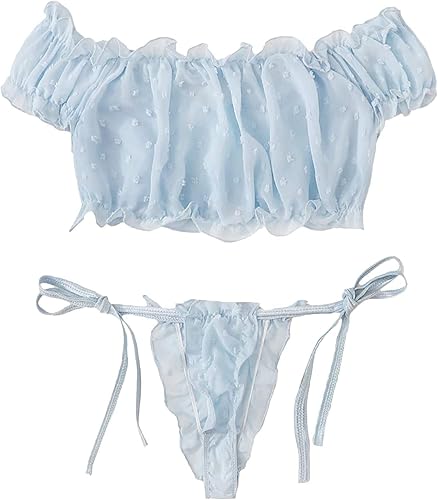 VicSec Women Sexy Babydoll Lingerie Set, Cute Transparent Bra and Panties Set, Adjustable Bowknot Strappy Teddy Underwear Naughty Sleepwear Nighties for Valentines Gift - One Size - Blue