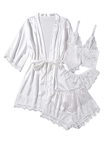 WDIRARA Women' Silk Satin Pajamas Set 4pcs Lingerie Floral Lace Cami Sleepwear with Robe - Large - Snow White