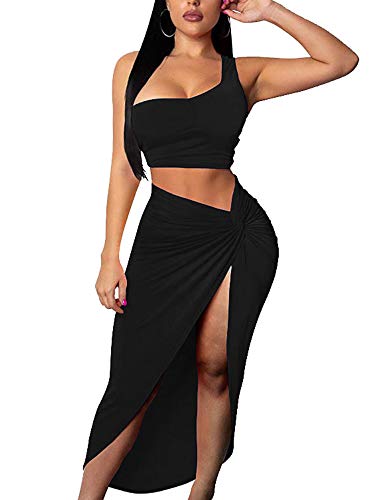 BEAGIMEG Women's Sexy One Shoulder Long Bodycon Slit Skirt 2 Pieces Dress - Large - Black