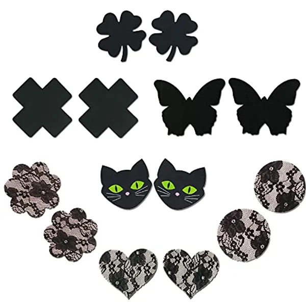 SwirlColor Nippelabdeckung Selbstklebende Sexy Satin Lace Brustblüten Nippelaufkleber 7 Stile-Schwarz