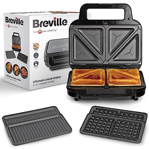 Breville 3-in-1 Ultimate Snack Maker | Deep Fill Toastie Maker, Waffle Maker & Panini Press | Removable Non-Stick Plates | Black & Stainless Steel [VST098] | UK Plug - 3-in-1 Snack Maker - Black & Stainless Steel