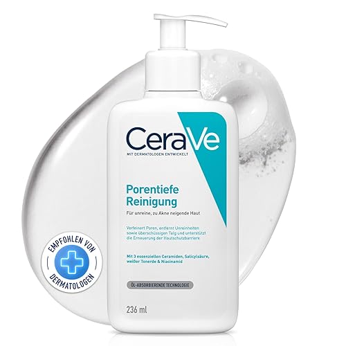 CeraVe Schäumendes Reinigungsgel für das Gesicht, Porentiefe Reinigung bei unreiner und zu Akne neigender Haut, Mit Salicylsäure, weißer Tonerde und Niacinamid, 236 ml