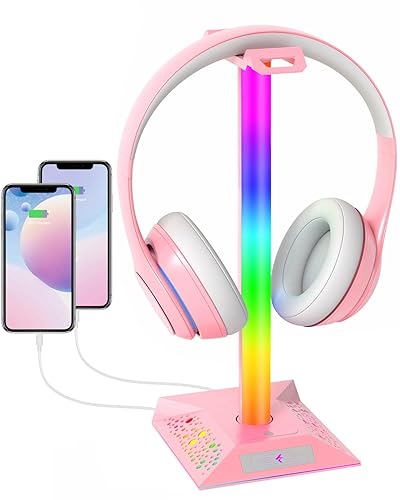 Headphone Stand PC Gaming Accessories - RGB Headset Stand Headphone Holder for Boy Gamer, Cool LED Headset Stand with 2 USB Charger for Desk - Pink