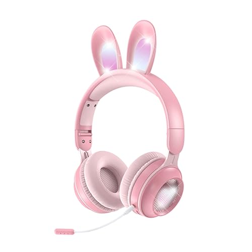 Bunny Ear Headphone, Wireless Lighting Bluetooth 5.0 Headset With Mic, Foldable Stereo Over-Ear Gaming Headset for Girls Pink - Pink