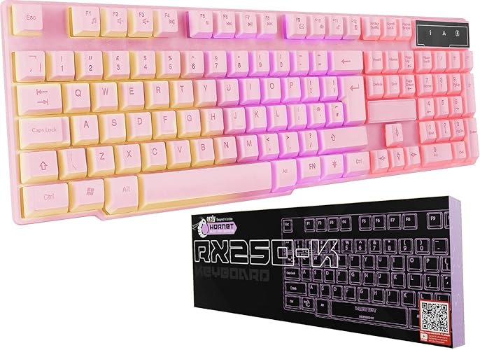 Orzly Gaming Keyboard RGB USB Wired Rainbow Keyboard Designed for PC Gamers, PS4, PS5, Laptop, Xbox, Nintendo Switch, RX-250 Hornet Edition (Pink) - Pink