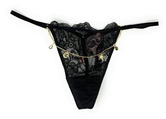 Victoria's Secret Bombshell Shine Thong Panty - Small - Black Lace Gold Charms V-string