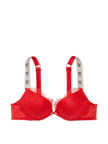 Victoria's Secret Bombshell Push Up Bra, Adds 2 Cups, Shine Strap, Bras for Women (32A-38DD) - Lipstick Red Monogram - 32C