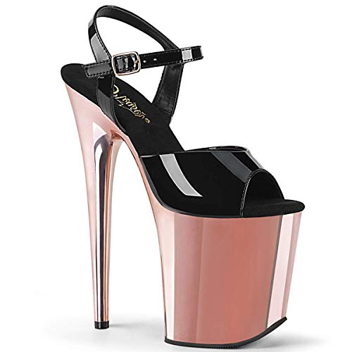 Pleaser Women's Flamingo-809 Ankle-Strap Sandal - 8 - Black Patent/Rose Gold Chrome