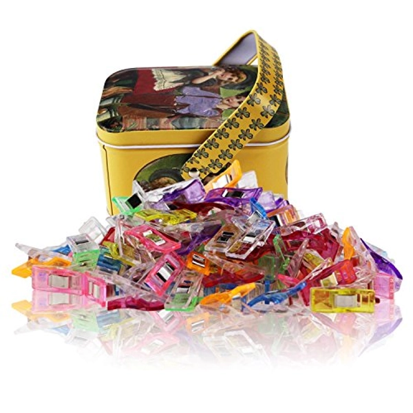 Wonder Clips-Pack of 100 Multipurpose Sewing Clips Craft Accessories for Sewing, Quilting, Crocheting, Crafting and Knitting,Tin Box Package, Assorted Colors