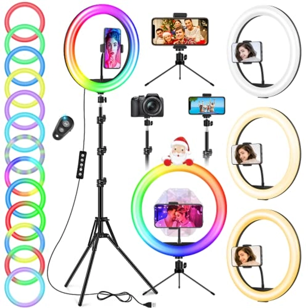 12.6'' Ring Light with Tripod Stand & Phone Holder Tall 188cm/74'', GerTong LED Selfie Circle Ringlight with Remote for Makeup YouTube Tiktok, Floor/Desk USB Halo Lamp with 40 RGB Modes 13 Brightness