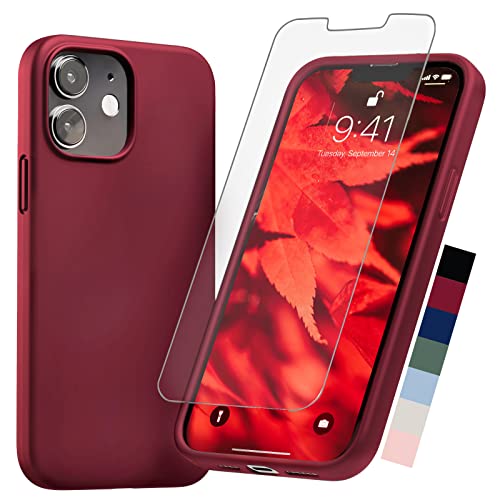 AloCase Compatible with iPhone 12 Mini Case Red Silicone with Screen Protector [6ft Drop Tested] Slim Protective Phone Cover w/Microfiber Lining for Women & Men - Wine Red