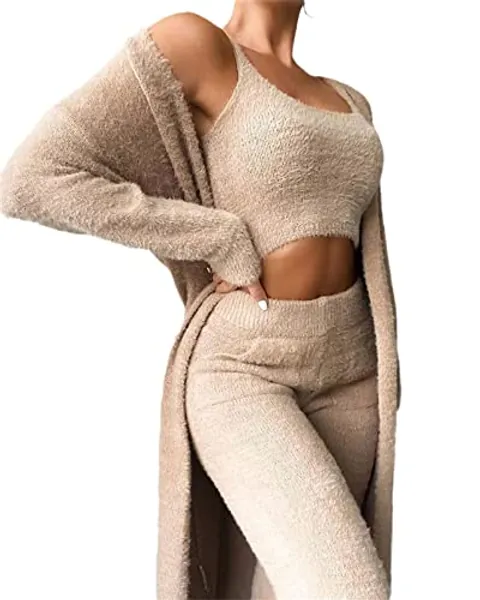 Femme 3-pièces Pyjamas Set Filles Ensembles de Pyjama Chaud Peluche Velours Vêtements de nuit avec encolure en U Capuche Cardigan Crop Tank Top et Short/Pantalon Taille Haute Tenues Loungewear