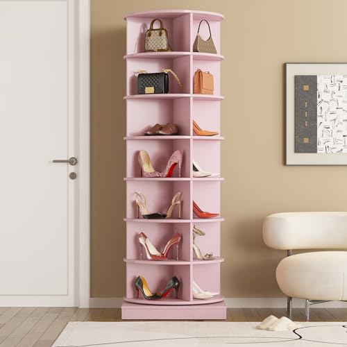 Fenghan Rotating Shoe Rack,360°Spinning Shoe Rack Tower for Entryway Living Room Hallway,7-Tiers Revolving Free Standing Shoe Storage Organizer, Holds Up to 28 Pairs of Shoes - Pink7-tiers